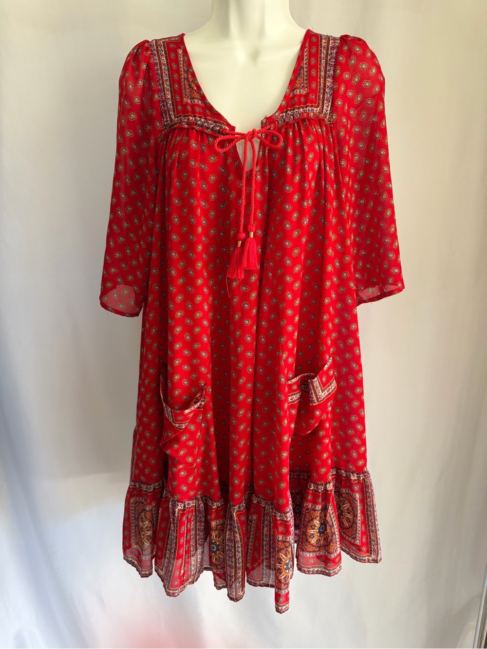 Free People Penny Lane Red Paisley Bandana Print Tassel Tie Boho Mini Dress SM